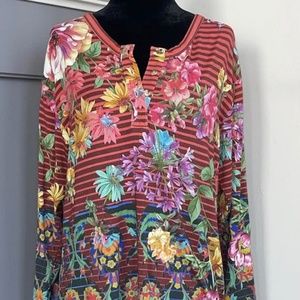 Johnny Was Womens Stripe Floral Viscose Bamboo 3/4 Sleeve Shirt Top Sz Small